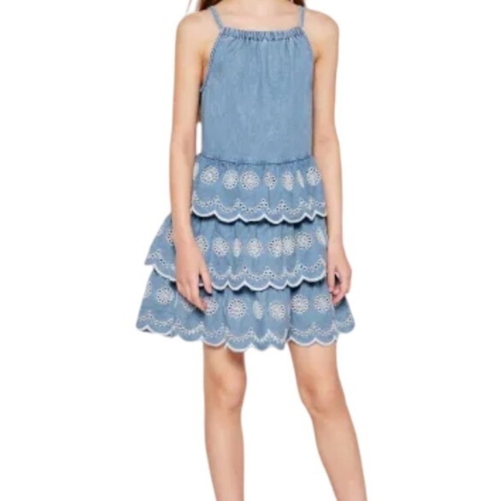 NWT Guess Kids Denim Eyelet Scallop Ruffle Halter Dress Girls 12 Blue White Boho